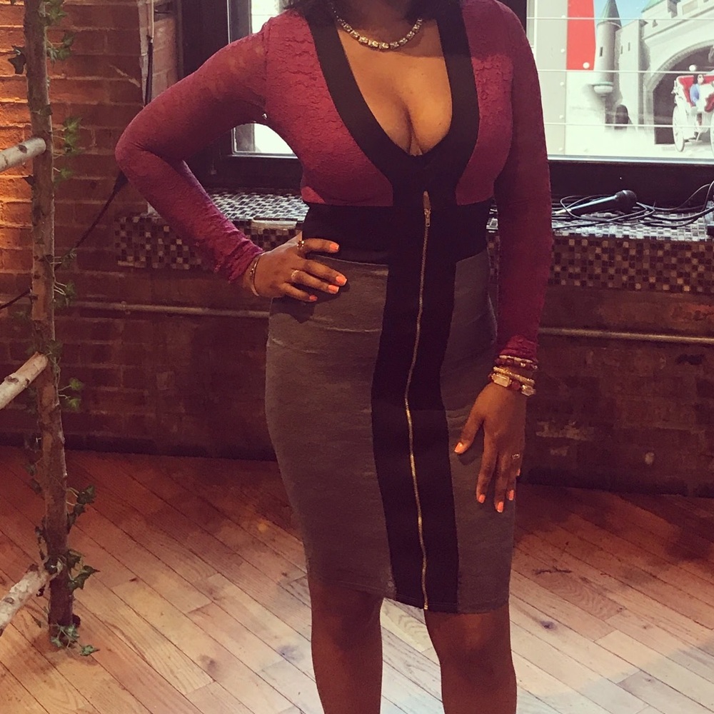 Color-block lace long sleeve dress